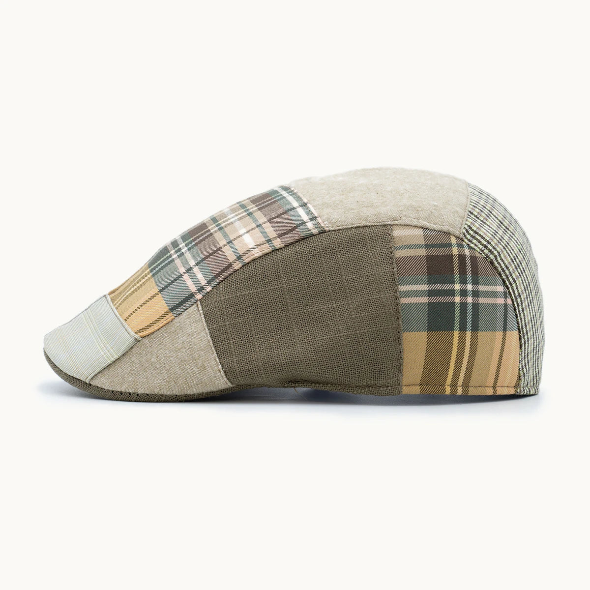 gorra patchwork verde y tierra vista lateral