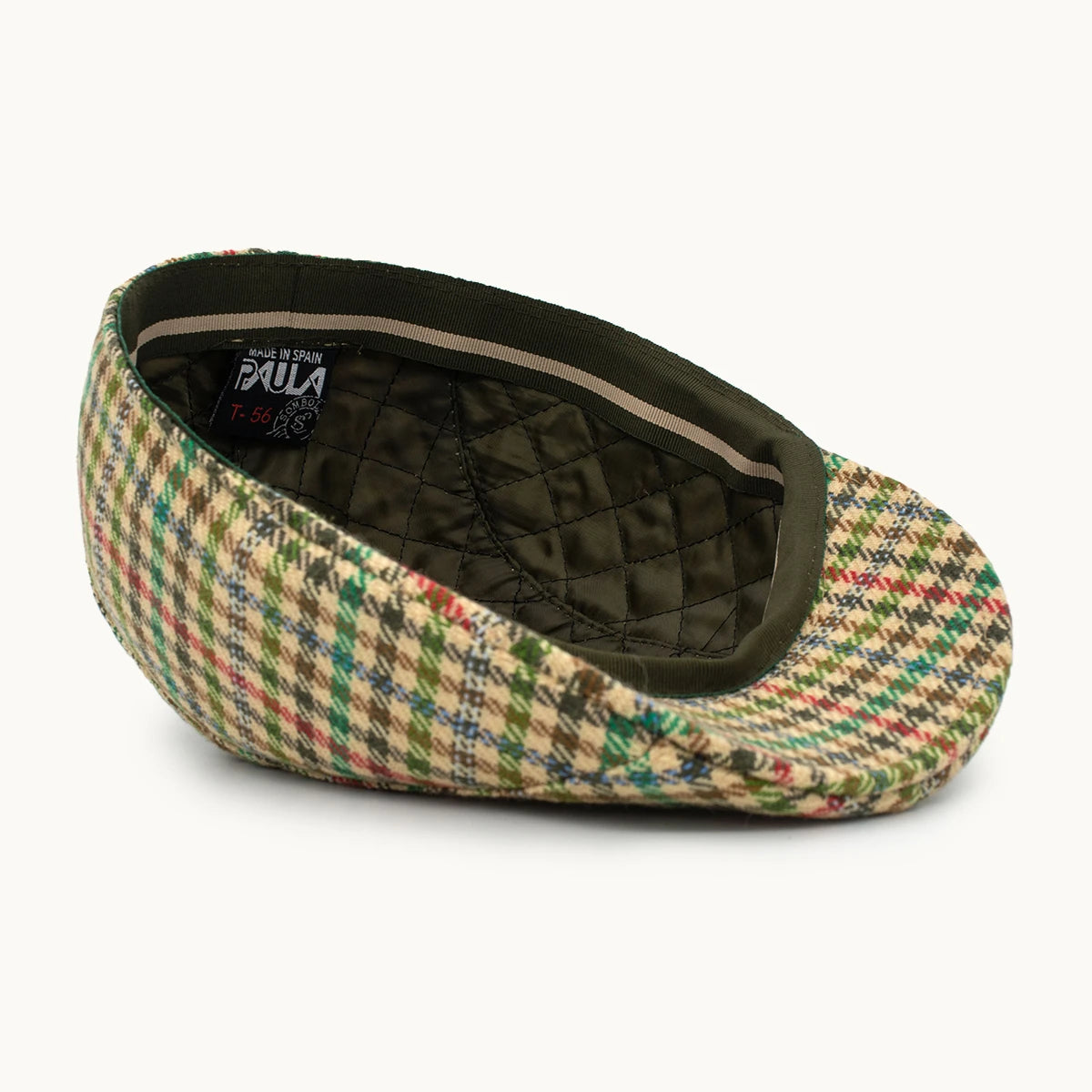 Interior de gorra Equestrian de lana verde y rojo Gorras Paula con acabado artesanal