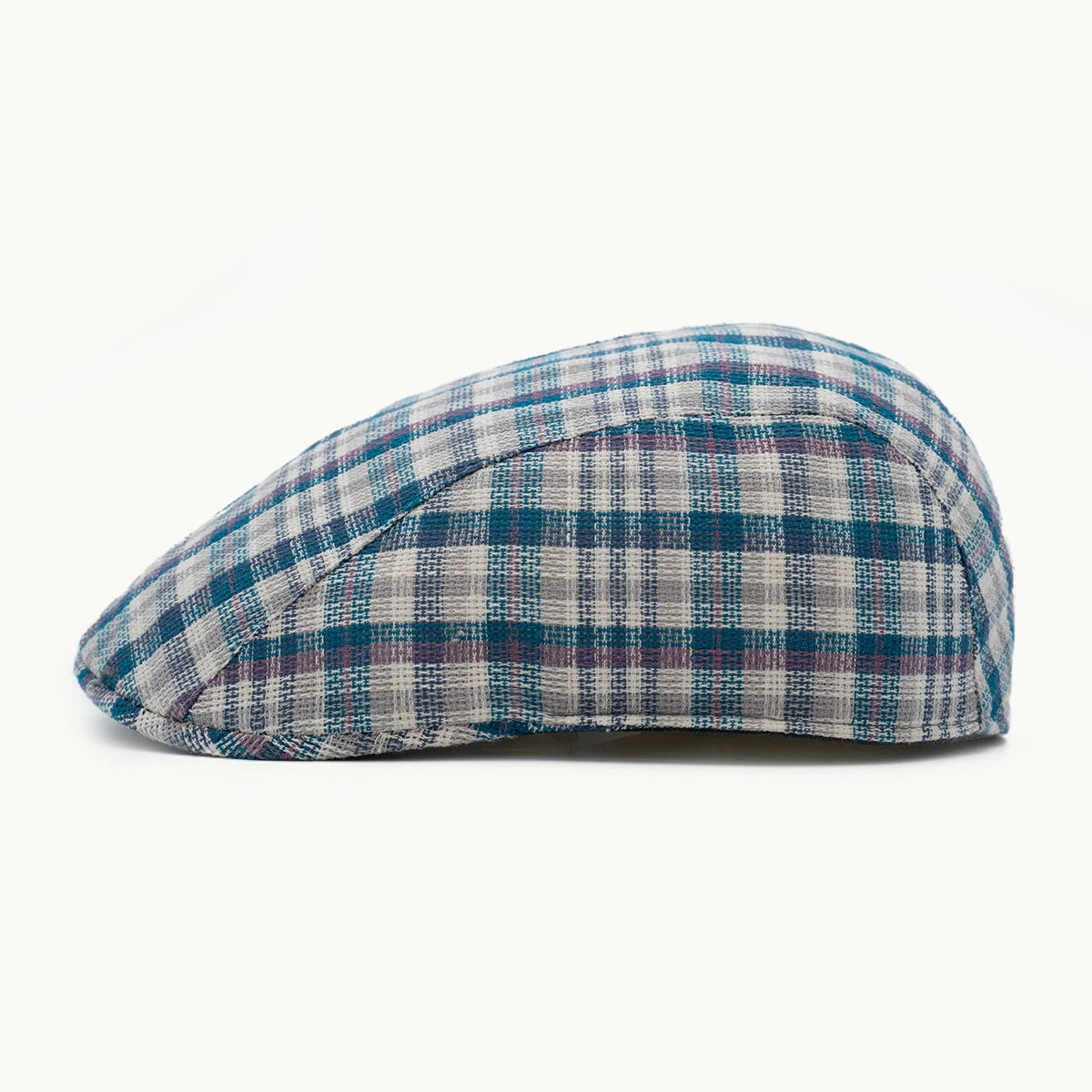 gorra lino cuadros azul y blanco vista lateral