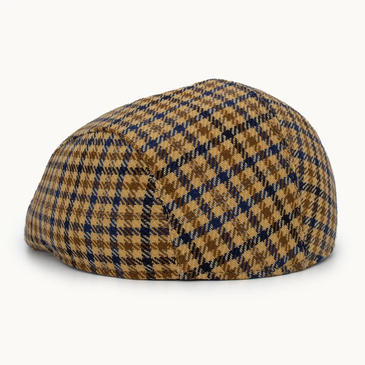 Gorra Equestrian de cashmere arena y azul con patrón de cuadros Gorras Paula vista lateral
