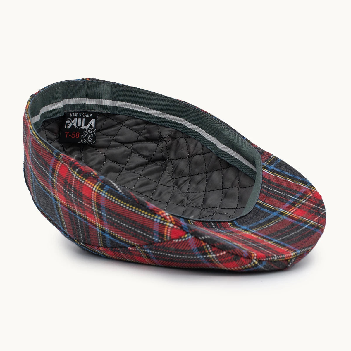 Interior de gorra Heritage de lana roja tartán escocés Gorras Paula con acabado artesanal